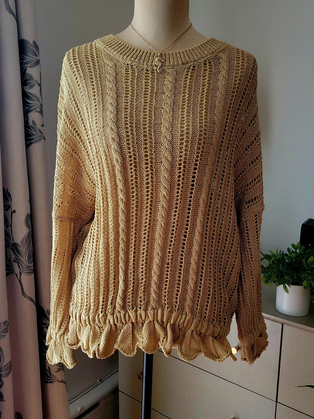 ZARA Mustard Yellow Open Crochet Knit Ruffle Beach Sweater Size M